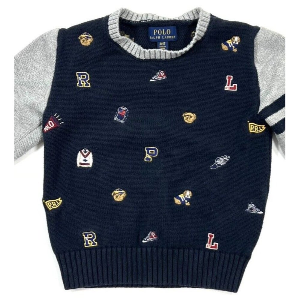 Polo Ralph Lauren Kids Boys Size 4/4T Sweater Navy Blue Logo All Over Print